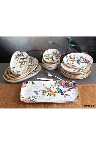 Pinkev Flora 15 Parça 6 Kişilik Seramik Kahvaltılık Kahvaltı Pasta Sunum Tabağı Takımı Seti ürün görseli