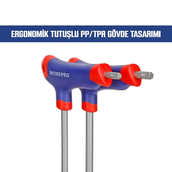 WORKPRO WP200543 8 Parça CR-V T Tipi Uzun Delikli Torx Profesyonel Allen Anahtar Takımı - Resim 3