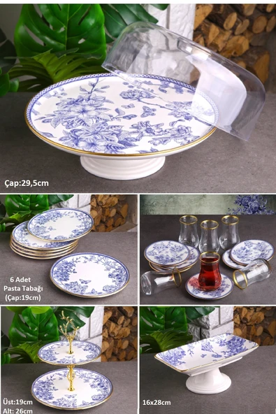 Pinkev Butterfly 22 Parça Çay Bardaklı Pasta Sunum Tabağı Seti ürün görseli