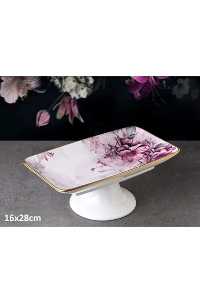 Pinkev Çiçek Desenli Ayaklı Seramik Pasta Kek Çikolata Sunum Tabağı Standı ürün görseli