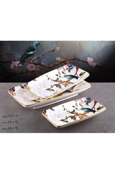 Pinkev Flora 3 Boy Seramik Kayık Servis Sunum Tabağı Tabak Seti - Resim 2