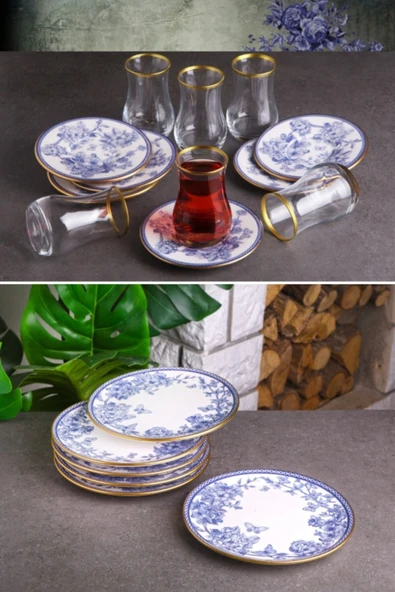 Pinkev Butterfly 18 Parça Çay Bardaklı Seramik Pasta Tabağı Seti - Kup119s - Resim 2