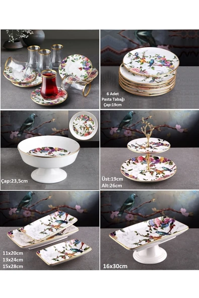Pinkev Flora 6 Kişilik Seramik Meyvelikli Çay Bardaklı Pasta Sunum Tabağı Kombin Set - KUP106F ürün görseli