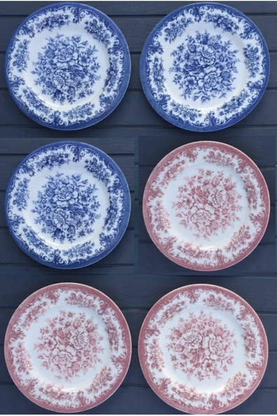 Pinkev Rosabella 6 Kişilik Porselen 24,5cm Servis Tabağı Seti - Mavi Kırmızı ürün görseli