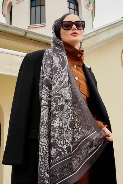 Acı Kahve Yaprak Desen Hint İpeği Şal - Resim 2