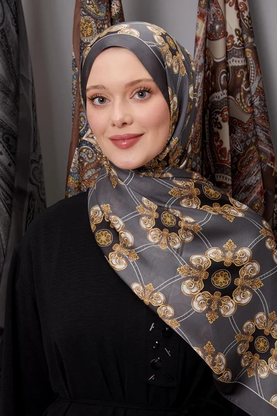 Füme Barok Desen Hint İpeği Şal - Resim 2