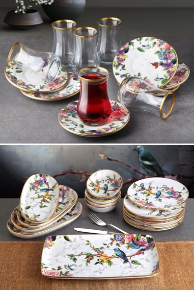 Pinkev Flora 27 Parça 6 Kişilik Seramik Kahvaltı Pasta Tabağı Sunum Takımı Seti - Kup115f ürün görseli
