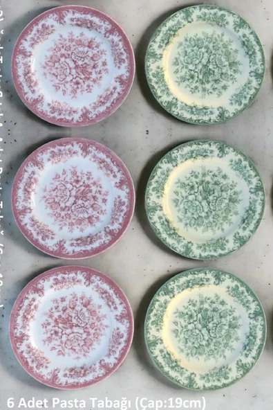 Pinkev 6 Kişilik Porselen 19cm Pasta Tatlı Tabağı Tabak Seti - Kırmızı Yeşil Rosabella ürün görseli