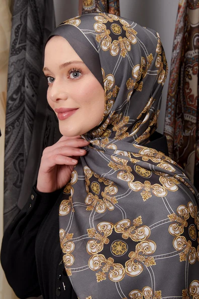 Füme Barok Desen Hint İpeği Şal - Resim 3