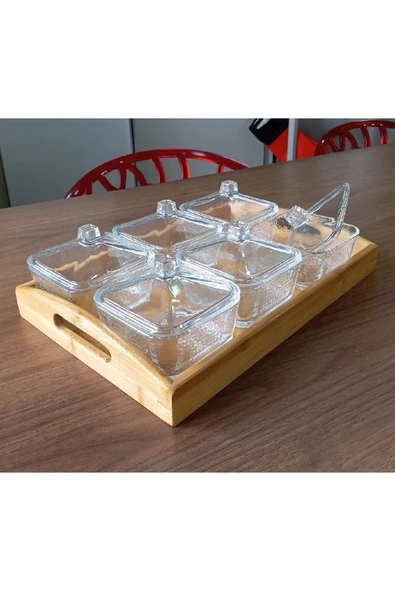 Pinkev Bambu Tepsili 6lı Kapaklı Cam Kahvaltılık Çerezlik Kase Seti - Resim 2