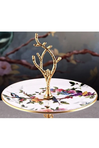 Pinkev Flora Seramik Çift Katlı Kurabiyelik Pasta Sunum Tabağı Standı - Resim 2