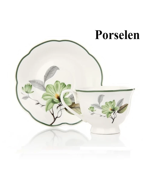 Türk Kahvesi Takımı 2 Kişilik Porselen – Yeşil Çiçek Desenli | 90 ml - Resim 5