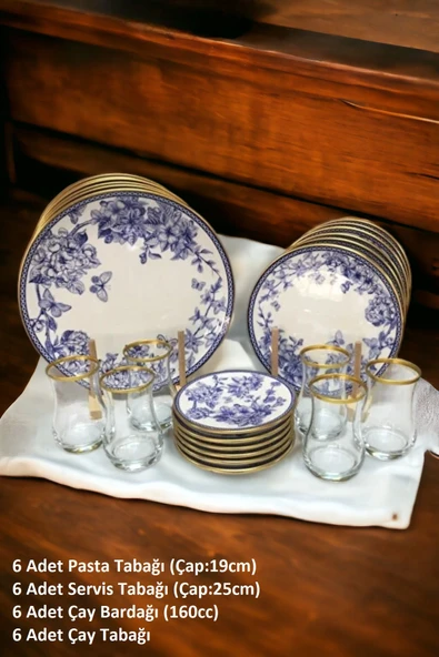 Pinkev Butterfly 24 Parça Seramik Pasta Servis Tabağı Çay Bardağı Seti - Resim 2