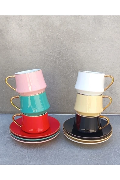 Pinkev 6 Kişilik Parlak 6 Renkli 110ml Büyük Boy Porselen Kahve Fincanı Takımı - Resim 3