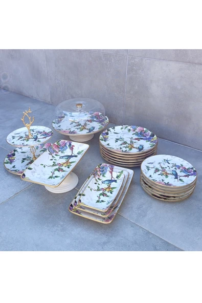Pinkev 19 Parça 6 Kişilik Kuş Desenli Seramik Pasta Servis Sunum Tabağı Seti ürün görseli