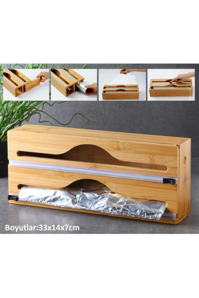 Pinkev Bambu Asılabilir 2 Bölmeli Streç Film Alüminyum Folyo Kesme Dispanseri Kutusu ürün görseli