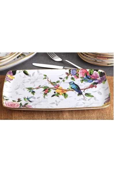 Pinkev Flora 15 Parça 6 Kişilik Seramik Kahvaltılık Kahvaltı Pasta Sunum Tabağı Takımı Seti - Resim 5