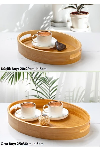 Pinkev 2li Set Bambu Orta Ve Küçük Boy Dekoratif Servis Sunum Tepsisi Tepsi ürün görseli