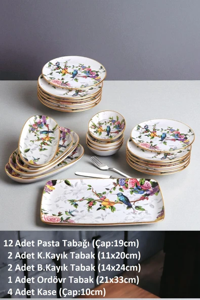 Pinkev 21 Parça 12 Kişilik Seramik Pasta Kahvaltı Tabağı Takımı - Kuş Desenli - Resim 2