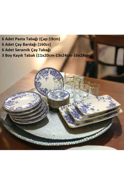 Pinkev Butterfly 21 Parça Çay Bardaklı Seramik Pasta Kayık Kahvaltı Sunum Tabağı Takımı Seti - Resim 2