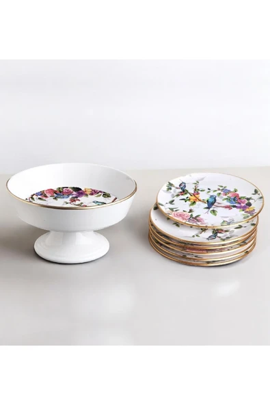 Pinkev Flora Seramik Meyvelikli 6 Kişilik Pasta Tabağı Takımı - Kup109f - Resim 4