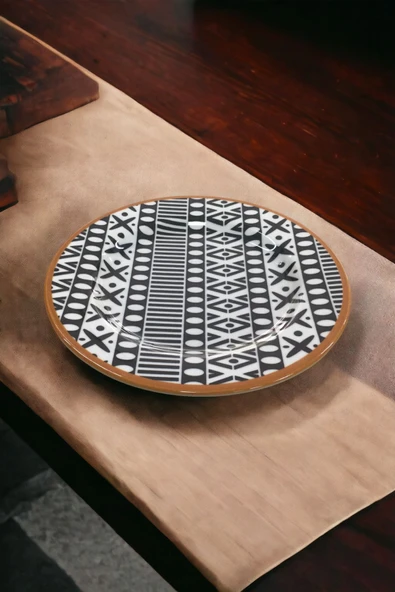 Pinkev Mona 6 Kişilik Siyah Desenli Porselen Pasta Tatlı Tabağı Seti - 20cm - Resim 2