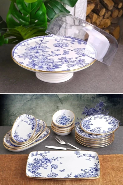 Pinkev Butterfly 16 Parça Fanuslu Seramik Pasta Sunum Tabağı Takımı Seti - Kup116s ürün görseli