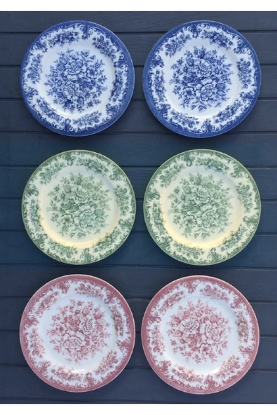 Pinkev 6 Kişilik Porselen 19cm Pasta Tatlı Tabağı Tabak Seti - Vintage Renkli Rosabella ürün görseli