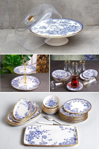 Pinkev 30 Parça 6 Kişilik Seramik Pasta Kahvaltı Sunum Tabağı Takımı Seti - Mavi Çiçekli ürün görseli