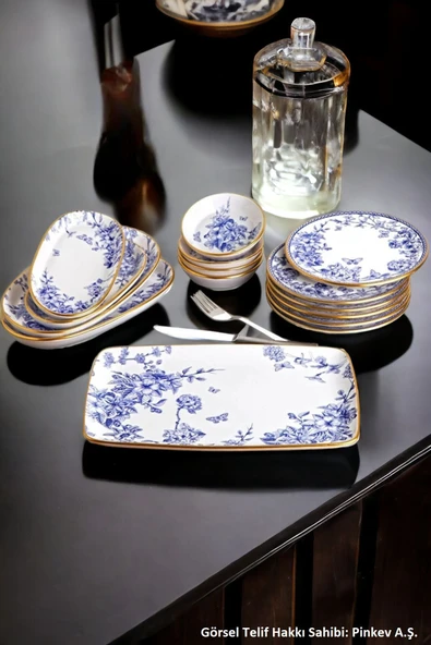 Pinkev 15 Parça Seramik Kahvaltılık Kahvaltı Tabağı Takımı Seti - Mavi Gold ürün görseli