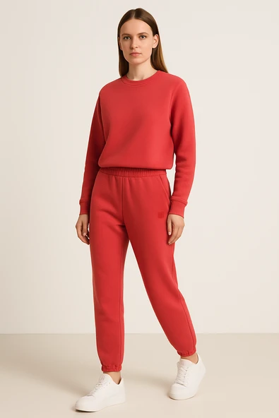 Kadın Paça Lastik Üç İp Şardonlu Ece Eşofman Altı Nar ürün görseli