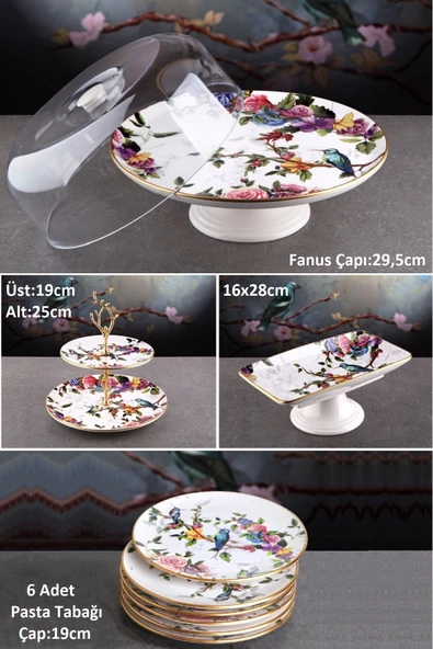 Pinkev Flora 9 Parça Fanuslu Seramik Pasta Sunum Tabağı Tabak Seti ürün görseli