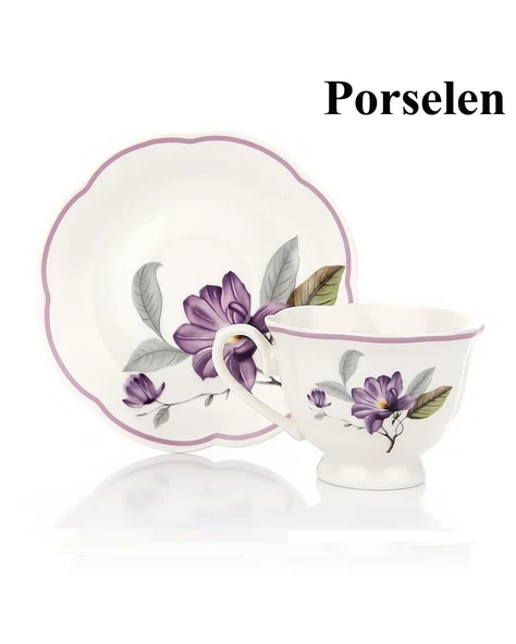 Türk Kahvesi Takımı 2 Kişilik Porselen – Mor Çiçek Desenli | 90 ml - Resim 5