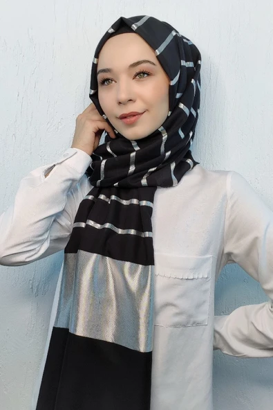 Kadın Gümüş - Siyah Floşlu Pamuk Şal ürün görseli
