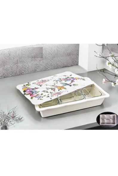 Pinkev Melamin Tepsili 6'lı Cam Kahvaltılık Kase Seti - Kuş Desenli - Resim 2