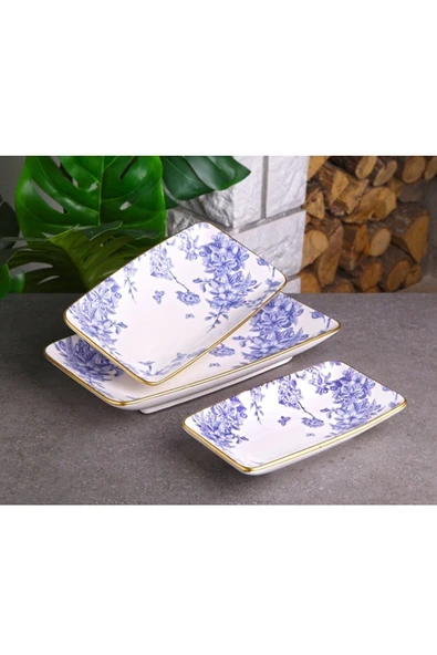 Pinkev Mavi Çiçekli 3'lü Seramik Kayık Servis Sunum Tabak Seti ürün görseli