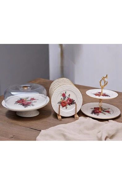 Pinkev 8 Parça Seramik Pasta Sunum Tabağı Takımı - Nar Çiçeği ürün görseli