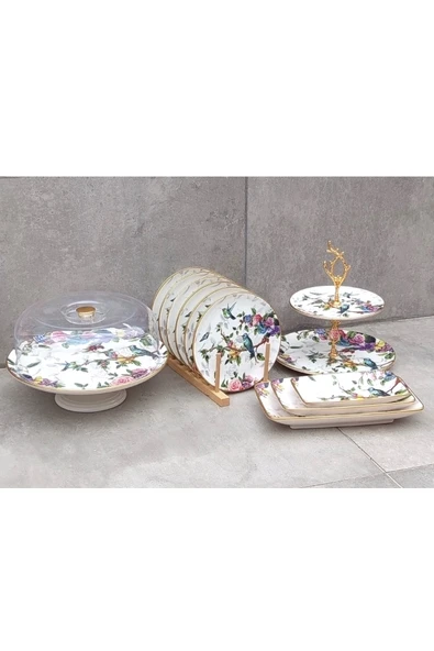 Pinkev 11 Parça Kuş Desenli Seramik Pasta Sunum Tabağı Seti ürün görseli