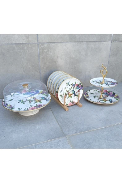Pinkev 8 Parça Kuş Desenli Seramik Pasta Sunum Tabağı Seti - Resim 2