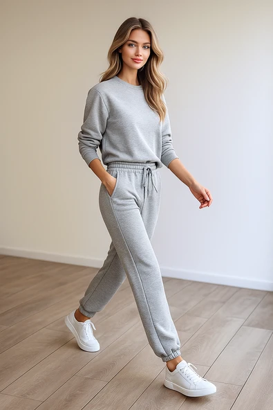 Kadın Paça Lastik Üç İp Şardonlu Lopez Eşofman Altı Gri - Resim 4