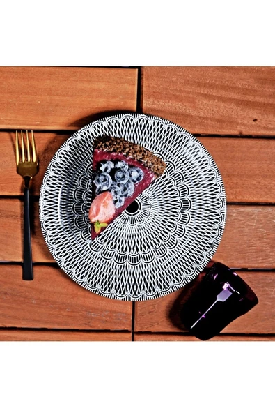 Pinkev 6 Kişilik Siyah Dantel Desenli Seramik Pasta Tatlı Tabağı Seti - 20cm ürün görseli