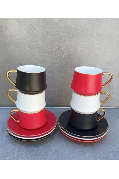 Pinkev 6 Kişilik Mat 3 Renkli 110ml Büyük Boy Porselen Kahve Fincanı Takımı - Resim 2