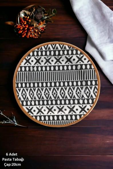 Pinkev Mona 6 Kişilik Siyah Desenli Porselen Pasta Tatlı Tabağı Seti - 20cm ürün görseli