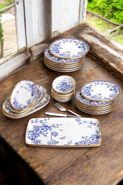 Pinkev 21 Parça 12 Kişilik Seramik Pasta Kahvaltı Sunum Tabağı Takımı - Mavi ürün görseli