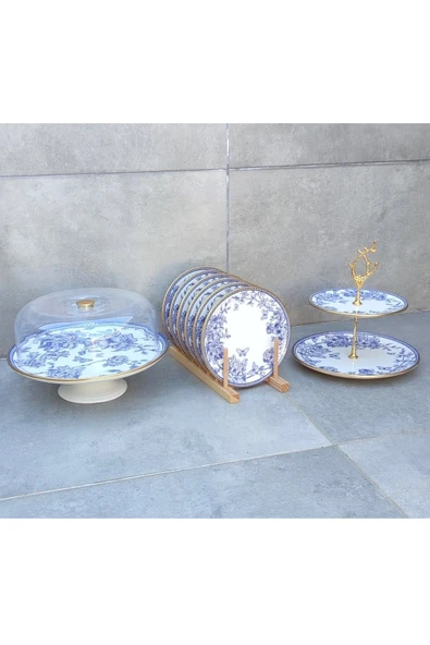 Pinkev 6 Kişilik Kek Fanuslu Pasta Tabağı Katlı Kurabiyelik Seti ürün görseli