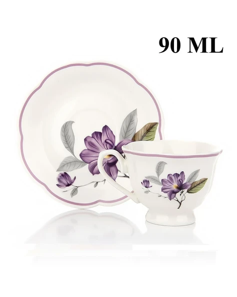 Türk Kahvesi Takımı 2 Kişilik Porselen – Mor Çiçek Desenli | 90 ml - Resim 3