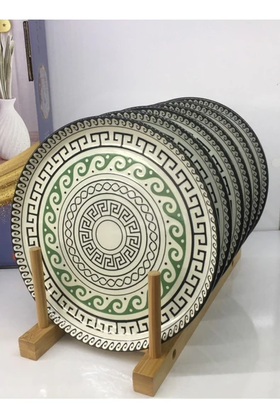 Pinkev 6lı Yeşil Siyah Desenli Seramik Servis Sunum Tabağı Seti - 26cm - Resim 2