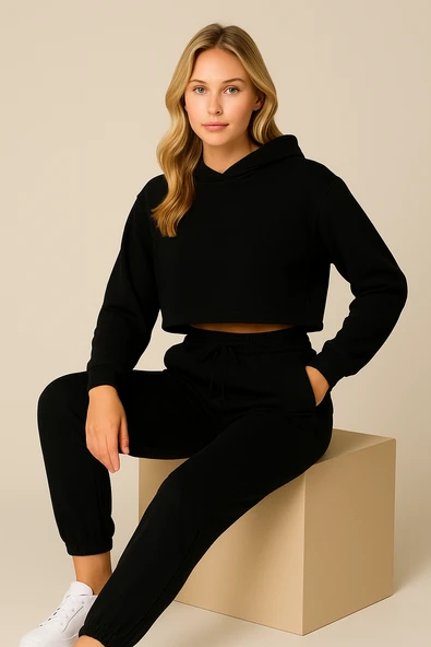 Kadın Paça Lastik Üç İp Şardonlu Lopez Eşofman Altı Siyah - Resim 3