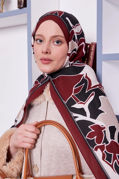 Bordo Yaprak Desen Royal Şal - Resim 3