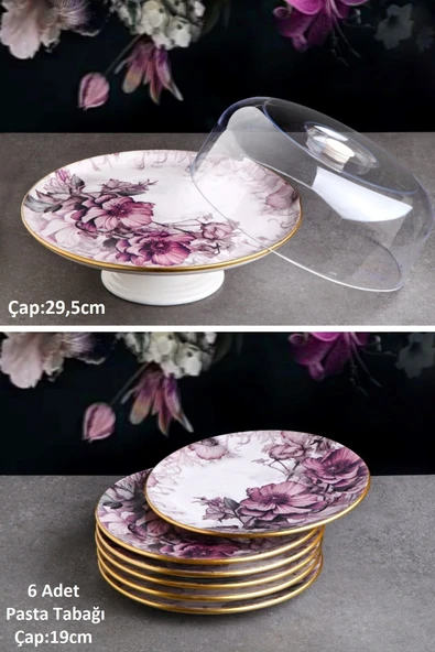 Pinkev Petunia 7 Parça Seramik Ayaklı Kek Fanusu Pasta Sunum Standı Tabağı Takımı Seti ürün görseli